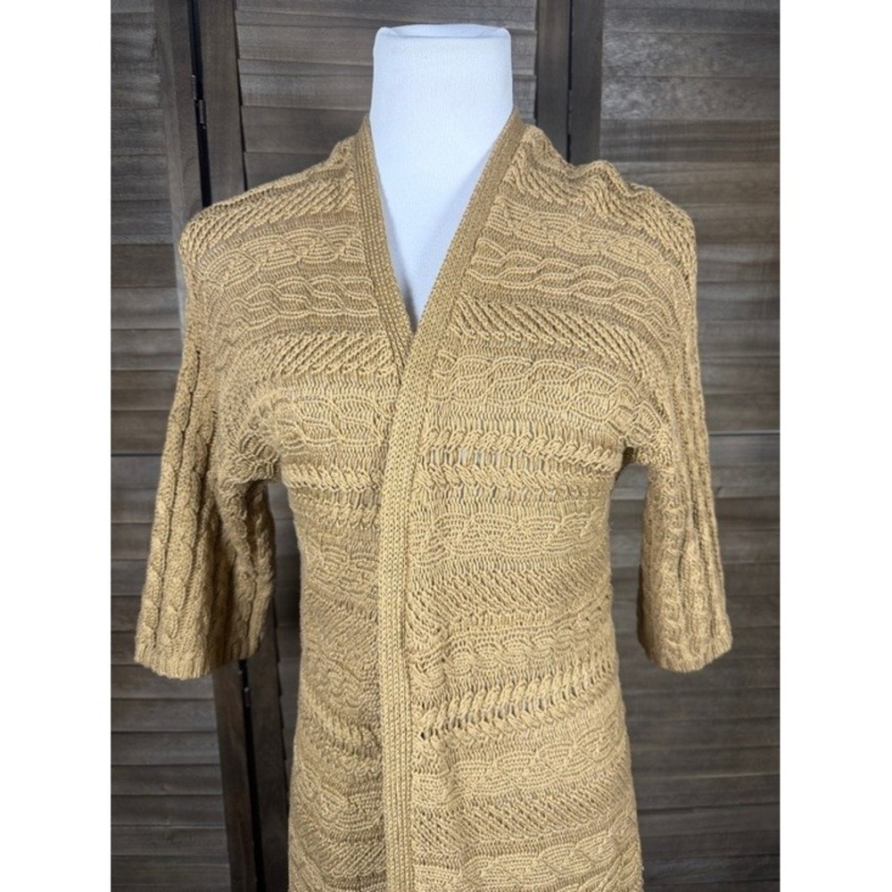 Chicos 2 Large Tan Cotton Cable Knit Open Front Longline Duster Cardigan Sweater - Picture 4 of 8